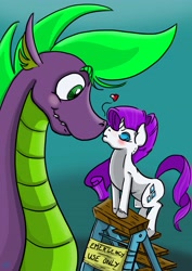 Size: 3508x4961 | Tagged: safe, artist:dinodraketakethecake, character:rarity, character:spike, ship:sparity, female, heart, kissing, ladder, male, older, older spike, shipping, size difference, straight