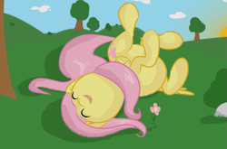 Size: 1129x745 | Tagged: safe, artist:fribox, character:fluttershy, species:pegasus, species:pony, eyes closed, female, folded wings, grass, horses doing horse things, mare, on back, open mouth, outdoors, rolling, smiling, solo, wings
