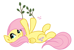 Size: 1999x1367 | Tagged: safe, artist:fribox, character:fluttershy, species:pegasus, species:pony, female, fluttertree, hooves in air, leaves, looking at you, on back, simple background, solo, talking to viewer, tree branch, white background