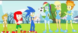 Size: 3631x1566 | Tagged: safe, artist:urhangrzerg, character:fluttershy, character:rainbow dash, character:sonic the hedgehog, character:spitfire, my little pony:equestria girls, crossover, equestria girls-ified, football, knuckles the echidna, miles "tails" prower, sonic the hedgehog (series)