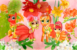 Size: 5040x3269 | Tagged: safe, artist:kelseyleah, character:apple bloom, character:applejack, character:big mcintosh, character:granny smith, species:earth pony, species:pony, absurd resolution, apple, apple family, apple siblings, cactus, clothing, daffodil, dress, flower, freesia, male, pomegranate, stallion, traditional art