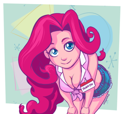 Size: 900x819 | Tagged: safe, artist:romanrazor, edit, character:pinkie pie, my little pony:equestria girls, bent over, breasts, busty pinkie pie, cleavage, clothing, color edit, colored, daisy dukes, eqg recolor, female, front knot midriff, looking at you, midriff, name tag, recolor, shorts, smiling, solo