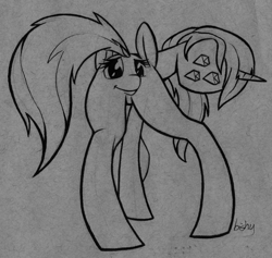 Size: 5640x5344 | Tagged: safe, artist:flowbish, character:amethyst star, character:sparkler, oc, oc only, oc:tinisparkler, species:pony, species:unicorn, absurd resolution, butt, buttface, eyes up here, looking at you, monochrome, plot, solo, traditional art, wat, what has science done