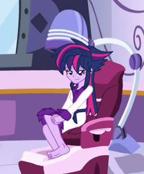 Size: 1024x1233 | Tagged: safe, artist:ferrokiva, character:twilight sparkle, my little pony:equestria girls, alternate hairstyle, barefoot, bathrobe, clothing, feet, female, foot fetish, punklight sparkle, robe, soles, solo, spa, toes