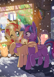 Size: 1000x1414 | Tagged: safe, artist:caibaoreturn, part of a set, character:rarity, character:spike, character:sunset shimmer, character:twilight sparkle, character:twilight sparkle (alicorn), species:alicorn, species:pony, species:unicorn, christmas, christmas tree, clothing, missing cutie mark, one eye closed, pixiv, plushie, raised hoof, scarf, seasons, snow, snowfall, tree, wink, winter