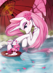 Size: 800x1098 | Tagged: safe, artist:ciciya, part of a set, character:fleur-de-lis, species:pony, species:unicorn, g4, bathing, beautiful, cherry blossoms, female, flower, flower in hair, mare, outdoors, pixiv, sake, seasons, solo, spring, umbrella, water