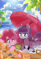 Size: 1000x1414 | Tagged: safe, artist:caibaoreturn, part of a set, character:boulder, character:maud pie, character:pinkie pie, species:earth pony, species:pony, beach, bikini, bra, clothing, cloud, coconut, drinking, duo, female, food, mare, one eye closed, palm tree, picnic basket, rock, sand, sandcastle, seasons, sisters, sky, smiling, starfish, straw, summer, swimsuit, tree, umbrella, underwear, water
