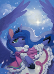 Size: 800x1098 | Tagged: safe, artist:ciciya, part of a set, character:princess luna, species:alicorn, species:pony, clothing, female, mare, pixiv, seasons, smiling, snow, snowfall, solo, winter