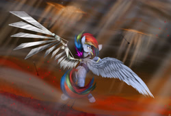 Size: 3874x2619 | Tagged: safe, artist:vinicius040598, character:rainbow dash, episode:the cutie re-mark, alternate timeline, amputee, apocalypse dash, arrows, augmented, crystal war timeline, epic, female, fight, fire, flying, prosthetic limb, prosthetic wing, prosthetics, rear view, solo, spread wings, wings