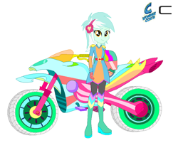 Size: 810x652 | Tagged: safe, artist:karalovely, character:lyra heartstrings, equestria girls:friendship games, g4, my little pony: equestria girls, my little pony:equestria girls, background human, female, headphones, motorcross, motorcycle, simple background, solo, white background, wondercolts