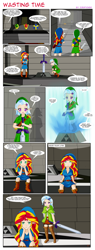 Size: 1344x3539 | Tagged: safe, artist:icesticker, character:sunset shimmer, character:trixie, species:human, comic, elf ears, humanized, master sword, parody, the legend of zelda, the legend of zelda: ocarina of time