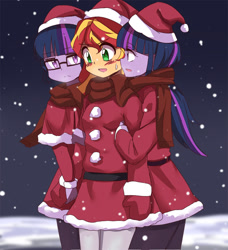 Size: 800x876 | Tagged: safe, artist:caibaoreturn, character:sunset shimmer, character:twilight sparkle, character:twilight sparkle (scitwi), species:eqg human, ship:scitwishimmer, ship:sunsetsparkle, equestria girls:friendship games, g4, my little pony: equestria girls, my little pony:equestria girls, christmas, clothing, counterparts, duality, female, glasses, lesbian, magical trio, ot3, polyamory, santa costume, shipping, sunset twiangle, twilight's counterparts, twolight