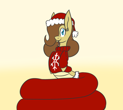 Size: 1378x1237 | Tagged: safe, artist:metalaura, oc, oc only, oc:hissyfit, species:lamia, christmas, clothing, cute, female, hat, hearth's warming, monster girl, monster pony, original species, santa hat, solo, sweater, tongue out