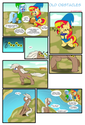 Size: 1331x1943 | Tagged: safe, artist:icesticker, character:sunset shimmer, character:trixie, species:earth pony, species:pony, species:unicorn, :t, clothing, comic, dexterous hooves, epona, epona's song, female, floppy ears, frown, hat, hoof hold, mare, motion blur, music notes, musical instrument, ocarina, open mouth, parody, plot, ponified, raised hoof, raised leg, river, running, scared, scrunchy face, sidemouth, sitting, smiling, smirk, the legend of zelda, the legend of zelda: ocarina of time, water, wavy mouth, wide eyes