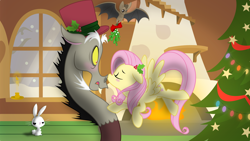 Size: 4800x2700 | Tagged: safe, artist:nstone53, character:angel bunny, character:discord, character:fluttershy, species:bat, ship:discoshy, blushing, christmas, christmas tree, clothing, female, fireplace, hat, holiday, holly, kissing, male, mistletoe, shipping, straight, tree