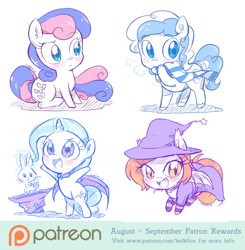 Size: 800x817 | Tagged: safe, artist:kelsea-chan, character:angel bunny, character:bon bon, character:sweetie drops, character:trixie, oc, species:bat pony, species:pony, bat pony oc, chibi, clothing, costume, glowing horn, hat, looking at you, magic, patreon, patreon logo, scarf, telekinesis, witch, witch hat