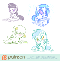Size: 800x817 | Tagged: safe, artist:kelsea-chan, character:dj pon-3, character:lyra heartstrings, character:octavia melody, character:vinyl scratch, oc, chibi, doll, flower, looking at you, patreon, patreon logo, pillow, sketch, toy, turntable