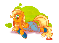 Size: 969x700 | Tagged: safe, artist:kelsea-chan, character:applejack, clothing, female, hair tie, hoof boots, mouth hold, overalls, solo