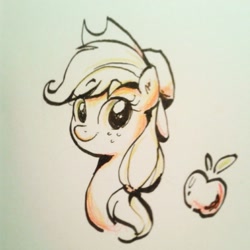 Size: 1280x1280 | Tagged: safe, artist:kelsea-chan, character:applejack, apple, colored pencil drawing, female, food, grin, ink, looking at you, simple background, sketch, solo, traditional art, white background