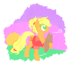 Size: 980x846 | Tagged: safe, artist:kelsea-chan, character:applejack, alternate hairstyle, clothing, female, hat, hoof hold, lineless, shirt, solo, sweat