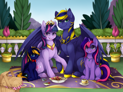 Size: 2000x1498 | Tagged: safe, artist:mr-tiaa, character:twilight sparkle, character:twilight sparkle (alicorn), oc, oc:night sky, oc:violet star, oc:zephyr, parent:twilight sparkle, parents:canon x oc, species:alicorn, species:pony, basket, blushing, canon x oc, cookie, daughter, family, female, food, holding hooves, mare, offspring, parent:oc:zephyr, parents:twiphyr, picnic, salad, shipping, smiling, son, spread wings, twiphyr, wings