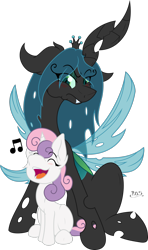 Size: 1280x2155 | Tagged: safe, artist:midnightblitzz, artist:nekotigerfire, character:queen chrysalis, character:sweetie belle, species:changeling, species:pony, species:unicorn, annoyed, blushing, changeling queen, colored, cute, cutealis, diasweetes, duo, duo female, eyes closed, female, filly, foal, funny, mare, queen chrysalis is not amused, simple background, singing, transparent background, unamused, vector