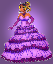Size: 1200x1460 | Tagged: safe, artist:bumblebun, oc, oc only, oc:help desk, species:anthro, species:pony, species:unicorn, cleavage, clothing, dress, evening gloves, female, gala dress, gloves, gown, necklace, solo