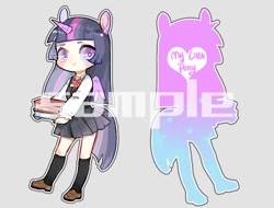Size: 500x380 | Tagged: safe, artist:kura, character:twilight sparkle, species:human, book, clothing, eared humanization, female, horned humanization, humanized, kneesocks, looking at you, schoolgirl, simple background, socks, solo, tailed humanization, watermark, winged humanization