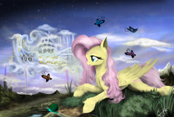 Size: 1687x1143 | Tagged: safe, artist:vinicius040598, character:fluttershy, butterfly, cloudsdale, day, prone, puddle, scenery, snail, stars, unshorn fetlocks