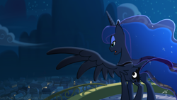 Size: 1920x1080 | Tagged: safe, artist:lionheartcartoon, character:princess luna, species:alicorn, species:pony, balcony, canterlot, children of the night, female, mare, night, rear view, solo, spread wings, wallpaper, wings, wip