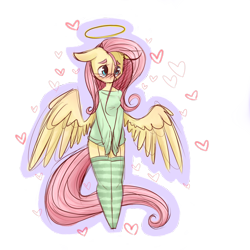 Size: 1280x1280 | Tagged: safe, artist:breadcipher, character:fluttershy, species:anthro, blushing, clothing, cute, female, floppy ears, halo, heart, loose fitting clothes, simple background, socks, solo, spread wings, stockings, striped socks, sweater, sweatershy, thigh highs, transparent background, wings
