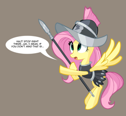 Size: 1149x1051 | Tagged: safe, artist:ric-m, character:fluttershy, species:pegasus, species:pony, episode:hearth's warming eve, g4, my little pony: friendship is magic, clothing, dialogue, female, gray background, helmet, if that's okay with you, private pansy, simple background, solo, spear, speech bubble