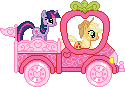 Size: 125x87 | Tagged: safe, artist:anonycat, character:applejack, character:twilight sparkle, animated, applejack truck, cardboard cutout, cardboard twilight, female, pixel art, sprite