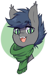 Size: 769x1195 | Tagged: safe, artist:paichitaron, oc, oc only, oc:chase cartwheel, species:bat pony, species:pony, bust, clothing, fangs, happy, male, open mouth, portrait, scarf, solo, stallion
