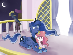 Size: 1586x1200 | Tagged: safe, artist:sallymon, character:princess celestia, character:princess luna, species:alicorn, species:pony, 2012, balcony, crown, duo, female, filly, foal, hoof shoes, horn, jewelry, lying down, mare, moon, night, peytral, prone, regalia, role reversal, siblings, sister, sisters, sitting, smiling, tail, telescope, young