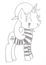 Size: 833x1190 | Tagged: safe, artist:barryfrommars, character:quiet gestures, episode:princess spike, g4, my little pony: friendship is magic, clothing, hat, mime, monochrome, no tail, shirt, sketch, smiling, traditional art