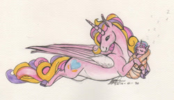 Size: 1024x590 | Tagged: safe, artist:sagastuff94, character:princess cadance, character:princess flurry heart, spoiler:s06, mama cadence, mother and daughter, pale belly, prone, simple background, traditional art, watercolor painting