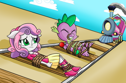Size: 1312x864 | Tagged: safe, artist:gaggeddude32, character:spike, character:sweetie belle, species:dragon, my little pony:equestria girls, abuse, ball, clothing, eared humanization, eyes closed, female, floppy ears, frown, gag, gritted teeth, humanized, male, mittens, on back, peril, ponied up, railroad, rope, sad, skirt, spikeabuse, story in the source, struggling, sweetiebuse, tied to tracks, tied up, train, train tracks
