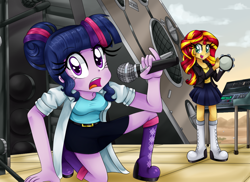Size: 1100x800 | Tagged: safe, artist:lucy-tan, character:sunset shimmer, character:twilight sparkle, character:twilight sparkle (scitwi), species:eqg human, my little pony:equestria girls, clothing, cute, eyelashes, get schwifty, lab coat, looking at you, microphone, musical instrument, rick and morty, shimmerbetes, singing, stage, tambourine, twirick