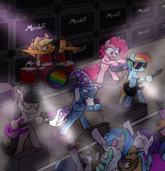 Size: 1471x1532 | Tagged: safe, artist:paper-pony, character:applejack, character:dj pon-3, character:lyra heartstrings, character:octavia melody, character:pinkie pie, character:rainbow dash, character:rarity, character:trixie, character:vinyl scratch, species:pony, bipedal, concert, drums, guitar, keyboard, microphone, music, musical instrument, stage, sunglasses