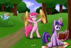 Size: 1099x741 | Tagged: safe, artist:paper-pony, character:pinkie pie, character:rainbow dash, character:twilight sparkle, book, cymbals, incoming prank, laughing, prank, this will end in tears