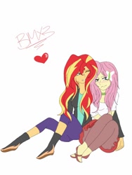 Size: 768x1024 | Tagged: safe, artist:brickercupmasterx3, character:fluttershy, character:sunset shimmer, ship:sunshyne, my little pony:equestria girls, female, heart, hug, lesbian, shipping, simple background, sitting, white background