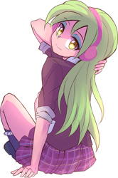 Size: 600x906 | Tagged: safe, artist:caibaoreturn, character:lemon zest, equestria girls:friendship games, g4, my little pony: equestria girls, my little pony:equestria girls, clothing, crystal prep academy uniform, cute, eyeshadow, female, headphones, looking at you, looking back, looking back at you, makeup, school uniform, simple background, sitting, skirt, smiling, solo, white background