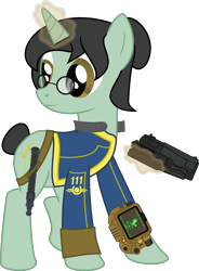 Size: 3000x4074 | Tagged: safe, artist:ruinedomega, oc, oc only, oc:suo motu, species:pony, species:unicorn, 10mm pistol, belt, clothing, fallout, fallout 4, female, glasses, pipbuck, security baton, solo, standing, vault suit, weapon