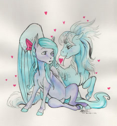 Size: 1024x1099 | Tagged: safe, artist:sagastuff94, character:cloudchaser, character:flitter, ship:pegacest, female, heart, horse, incest, lesbian, mouth hold, shipping, traditional art, unshorn fetlocks, valentine, valentine's day card