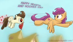 Size: 1024x595 | Tagged: safe, artist:redheadfly, character:pound cake, character:scootaloo, species:pegasus, species:pony, episode:hearts and hooves day, g4, my little pony: friendship is magic, age difference, crack shipping, cute, cutie mark, female, heart, heart eyes, male, older, scootaloo can fly, scootapound, shipping, straight, the cmc's cutie marks, valentine's day, wingding eyes