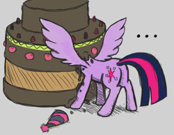 Size: 736x575 | Tagged: safe, anonymous artist, artist:ikarooz, character:twilight sparkle, character:twilight sparkle (alicorn), species:alicorn, species:pony, /mlp/, ..., cake, clothing, drawthread, female, food, hat, mare, party hat, solo, spread wings, wings