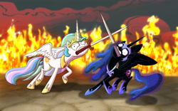 Size: 4000x2500 | Tagged: safe, artist:piemations, character:nightmare moon, character:princess celestia, character:princess luna, species:alicorn, species:pony, epic, faec, female, fire, majestic as fuck, mare, mouth hold, sisters, sword, wat, weapon