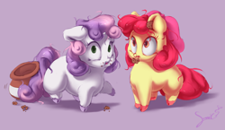 Size: 1024x592 | Tagged: safe, artist:sverre93, character:apple bloom, character:sweetie belle, adorabloom, caught, chibi, chubby, cookie, cookie jar, cookie thief, cute, diasweetes, food, messy eating, messy mane, mouth hold, sverre is trying to murder us