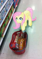 Size: 830x1152 | Tagged: safe, artist:ludiculouspegasus, character:fluttershy, species:pegasus, species:pony, female, irl, mare, photo, ponies in real life, shopping, shopping basket, solo